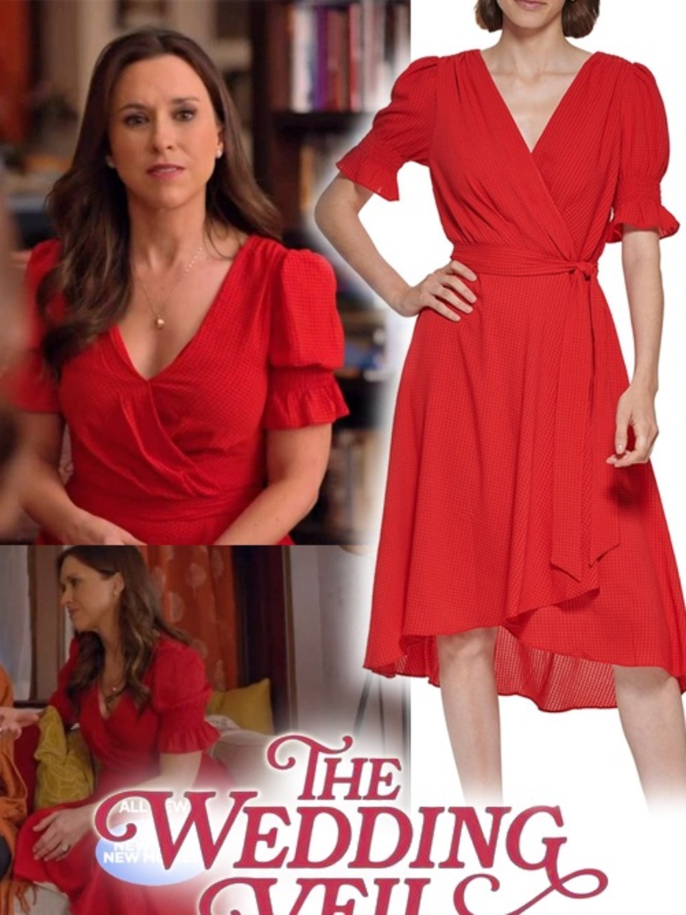 Tommy Hilfiger Red Wrap-Style Midi Dress with Puff Sleeves